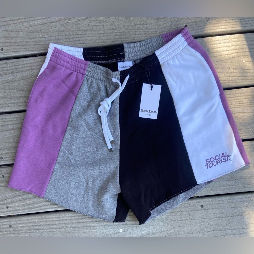 Social Tourist Colorblock Large Athletic Knit Shorts Purple Gray White Black
